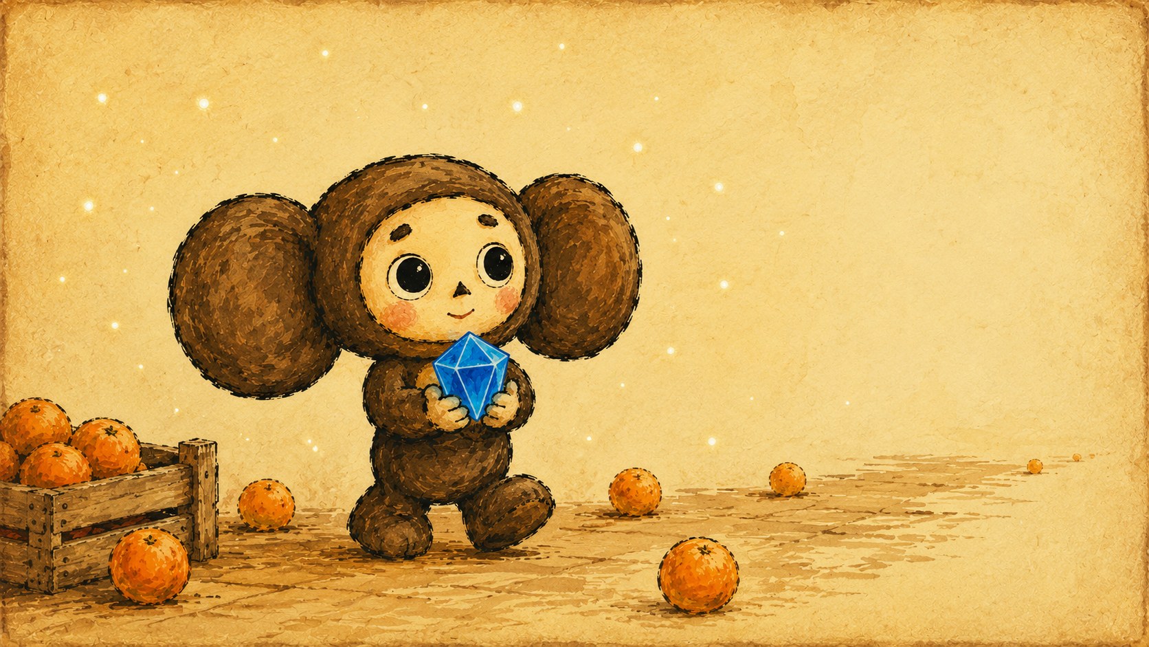 Cheburashka holding a blue crystal beside an orange crate