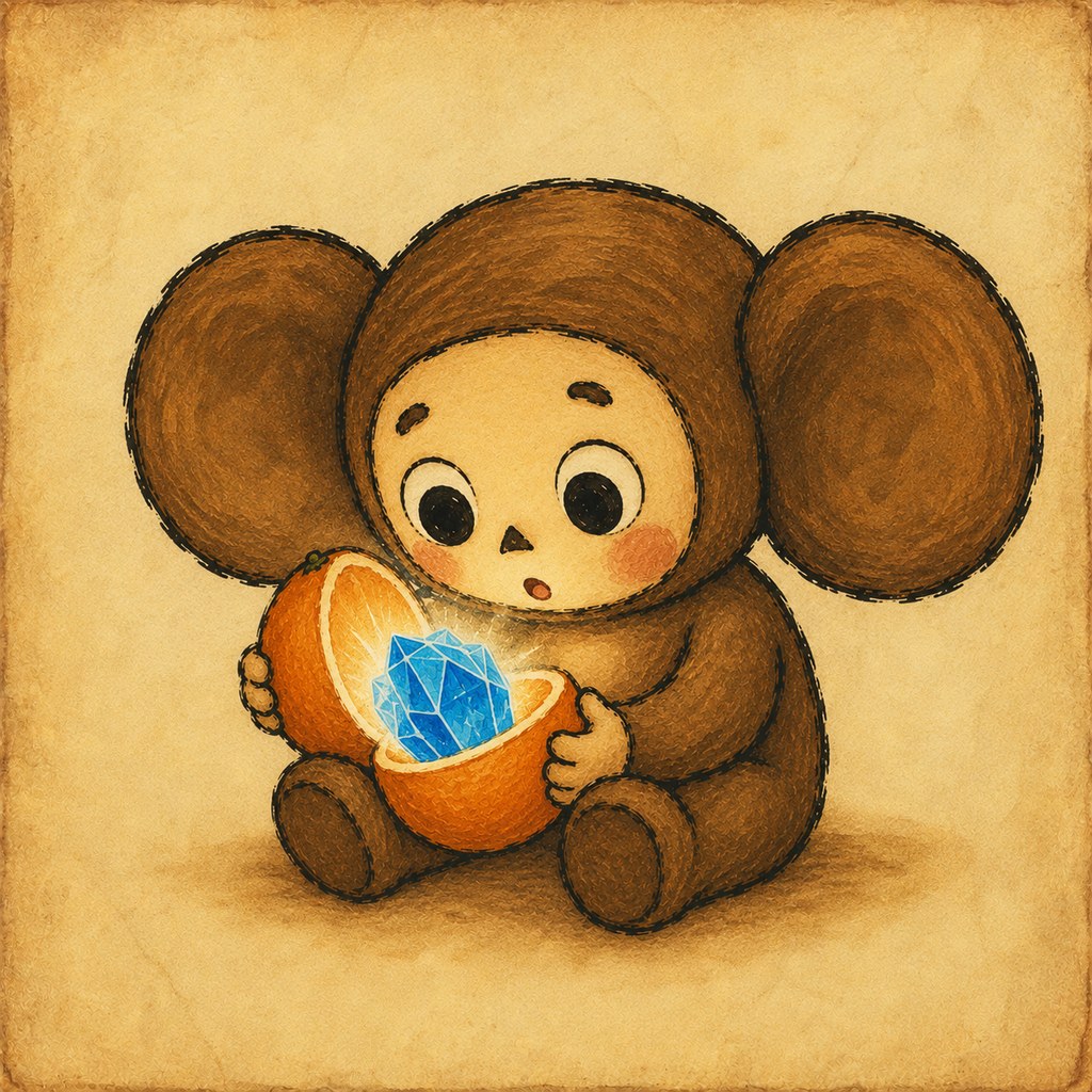 The character holding a cracked-open orange revealing a glowing crystal